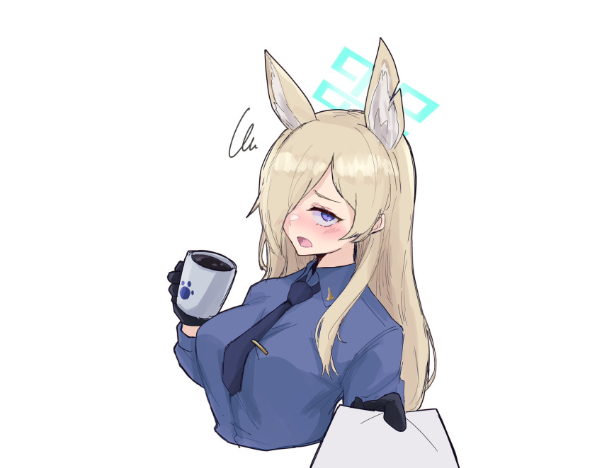 1girl animal_ear_fluff black_gloves blonde_hair blue_archive blue_eyes blue_necktie blue_shirt blush breasts coffee collared_shirt cropped_torso cup extra_ears gloves hair_over_one_eye halo highres holding holding_cup holding_paper kanna_(blue_archive) long_hair long_sleeves looking_at_viewer medium_breasts necktie notched_ear open_mouth paper raised_eyebrows reaching reaching_towards_viewer sharp_teeth shirt sidelocks simple_background solo squiggle suecovsky teeth upper_body white_background