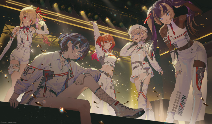 5girls adjusting_hair arm_up bare_shoulders belt beret black_hair blonde_hair blue_eyes blue_hair bodystocking boots breasts collared_shirt copyright dark_blue_hair detached_sleeves fajyobore gradient_hair hair_ornament hair_ribbon hand_up hat high_collar highres hiodoshi_ao hololive ichijou_ririka jacket juufuutei_raden leaning_forward long_hair long_skirt long_sleeves looking_at_viewer multicolored_hair multiple_girls musical_note musical_note_hair_ornament official_art open_clothes open_jacket orange_hair otonose_kanade pants pleated_skirt red_eyes red_ribbon redhead regloss_(hololive) ribbon shirt shoes short_hair shorts sitting skirt sleeveless sleeveless_shirt small_breasts stage stage_lights standing streaked_hair thigh-highs thigh_belt thigh_boots thigh_strap thighs todoroki_hajime twintails two-tone_hair two_side_up virtual_youtuber white_footwear white_hair white_headwear white_jacket white_pants white_shirt white_shorts white_thighhighs