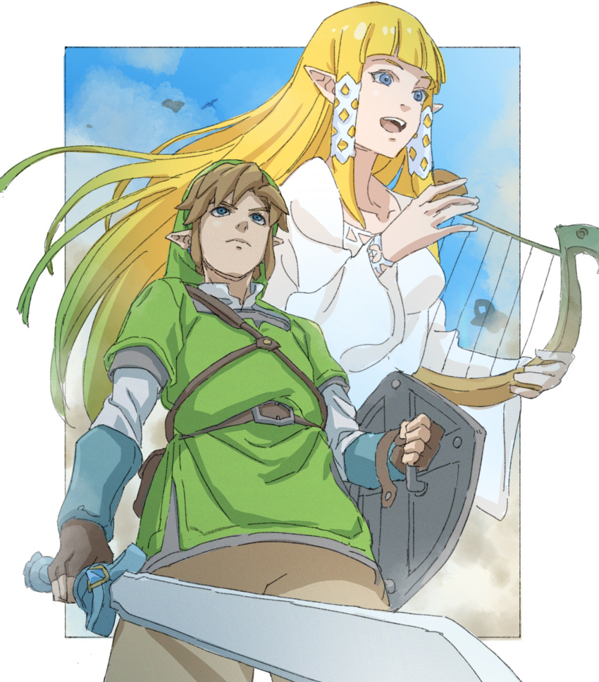 1boy 1girl belt belt_buckle bird blonde_hair blue_eyes blue_sky blunt_bangs border bracelet brown_belt brown_pants buckle closed_mouth clouds collarbone collared_shirt commentary dress frown green_headwear green_tunic hair_tubes highres holding holding_instrument holding_shield holding_sword holding_weapon instrument jewelry juliet_sleeves layered_sleeves light_brown_hair link long_hair long_sleeves lyre open_mouth outdoors pants pointy_ears pointy_hat pretty-purin720 princess_zelda puffy_sleeves shield shirt short_over_long_sleeves short_sleeves sidelocks sky smile square_neckline strap sword teeth the_legend_of_zelda the_legend_of_zelda:_skyward_sword upper_teeth_only v-shaped_eyebrows weapon white_border white_dress white_shirt wide_sleeves