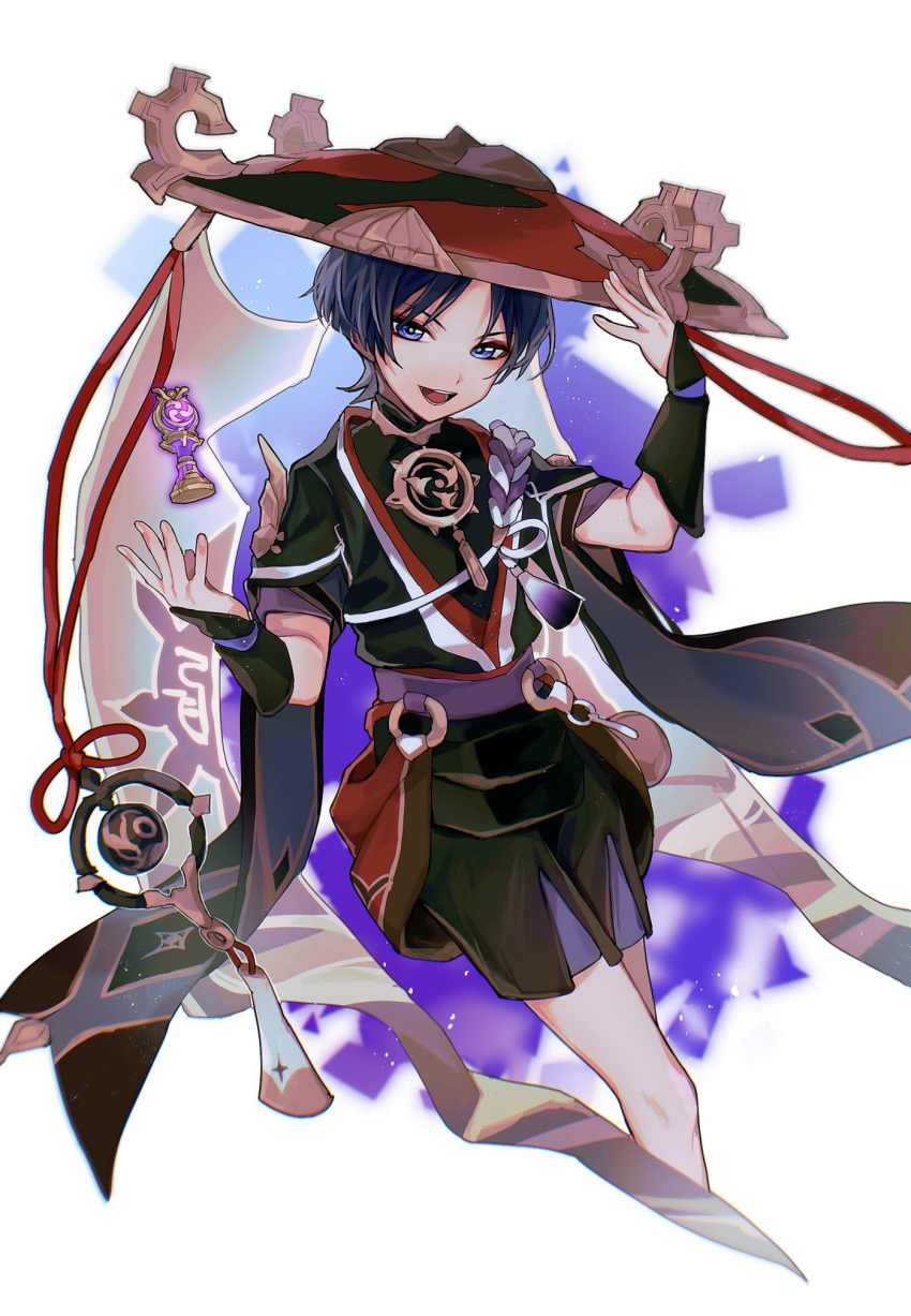 1boy armor black_hair cropped_legs genshin_impact gnosis_(genshin_impact) hat highres japanese_armor japanese_clothes jingasa kote kurokote looking_at_viewer male_focus open_mouth oshi_taberu scaramouche_(genshin_impact) simple_background solo tassel violet_eyes white_background wide_sleeves
