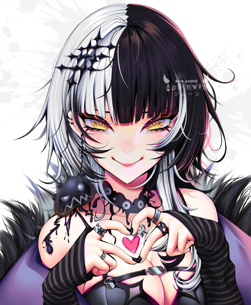 1girl ark_evil02 black_choker black_hair black_nails blunt_bangs choker hair_between_eyes hair_ornament heart heart_hands highres hololive hololive_english jewelry lace lace_choker long_hair looking_at_viewer multicolored_hair multiple_rings necklace ring shiori_novella sidelocks smile solo streaked_hair two-tone_hair upper_body virtual_youtuber white_hair yellow_eyes