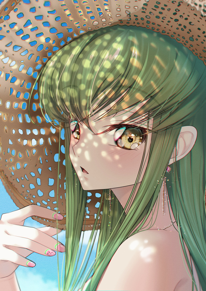 1girl absurdres alternate_costume backlighting bare_shoulders blue_sky blush budgiepon c.c. cherry_blossoms close-up code_geass commentary dappled_sunlight day earrings eyelashes eyes_visible_through_hair food_print from_side glint green_hair hair_between_eyes hand_up hat highres holding holding_clothes holding_hat jewelry lips long_hair looking_at_viewer nail_polish necklace nose outdoors parted_lips pink_nails sidelocks sky solo straight_hair straw_hat sunlight watermelon_print yellow_eyes