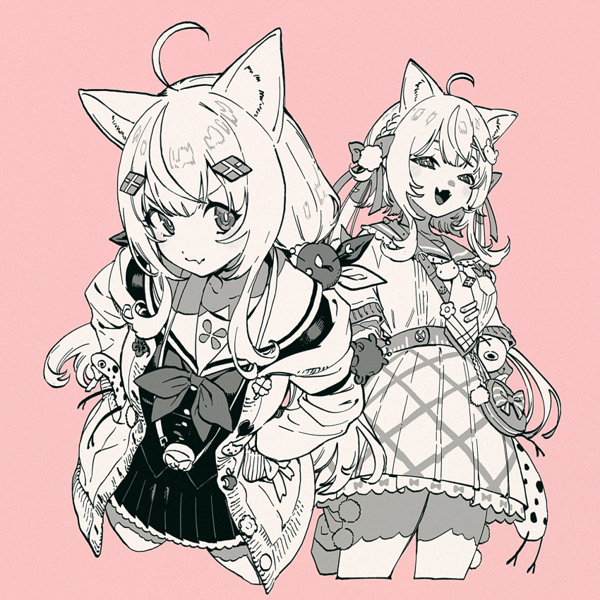 1girl ahoge animal_ears animal_hair_ornament bow bow_print buttons cardigan cat_ears cat_girl commentary cowboy_shot cropped_legs fang frilled_sailor_collar frills from_above greyscale_with_colored_background hair_ornament hairclip highres long_hair looking_at_viewer low_twintails multiple_views neckerchief necktie nijisanji nijisanji_kr open_cardigan open_clothes pink_background rabbit_hair_ornament sailor_collar school_uniform serafuku simple_background skin_fang skirt symbol-only_commentary ta0oxo0ma twintails unbuttoned x_hair_ornament yang_nari yang_nari_(1st_costume) yang_nari_(3rd_costume)
