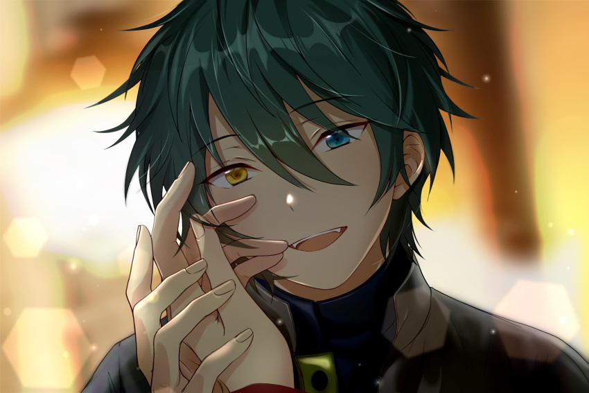 1boy 1other absurdres blue_eyes blurry blurry_background ensemble_stars! fingernails green_hair hair_between_eyes hand_grab hand_on_another's_face hand_up heterochromia highres kagehira_mika long_sleeves looking_at_viewer o724_fa open_mouth out_of_frame short_hair smile teeth upper_teeth_only yellow_eyes