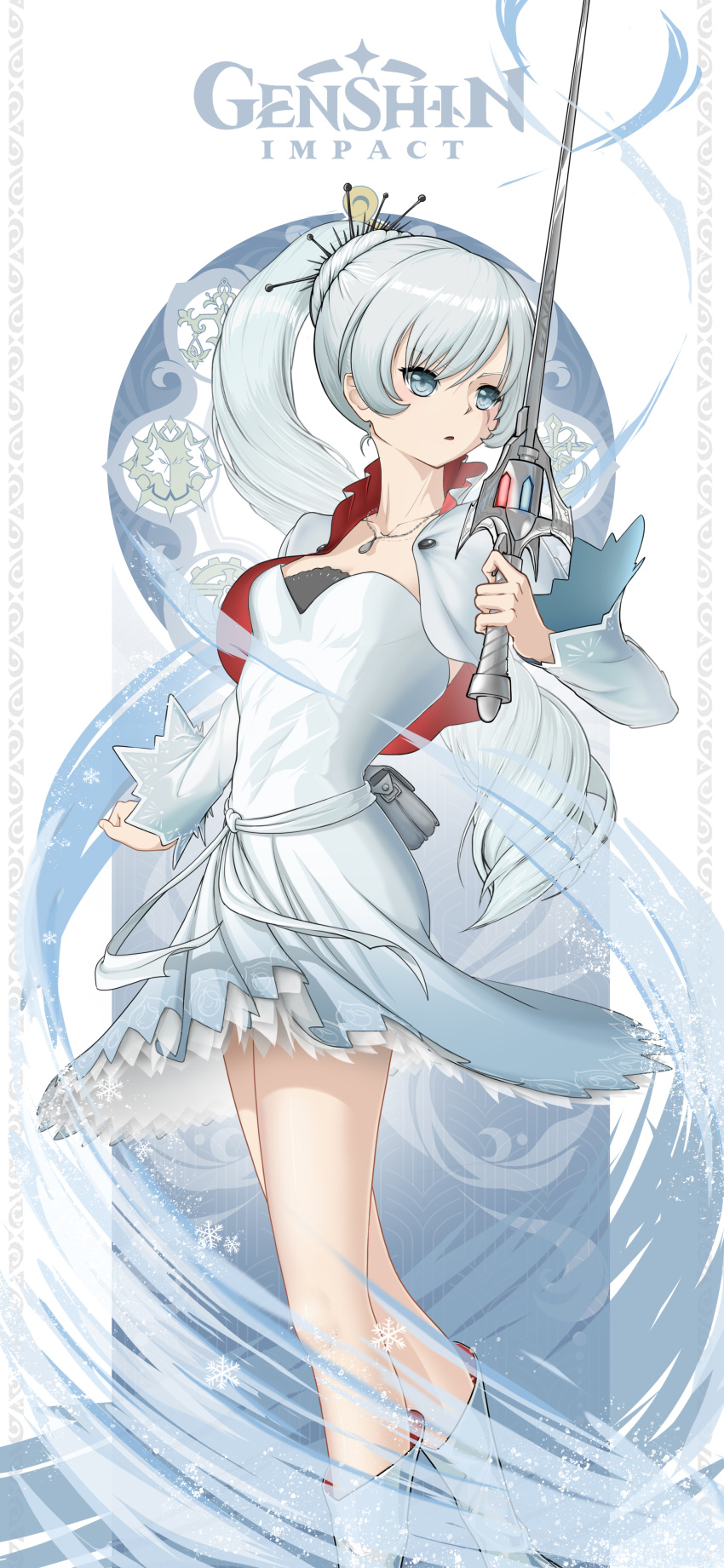 absurdres belt_pouch blue_eyes boots dress genshin_impact gnas highres holding holding_sword holding_weapon jacket jewelry long_hair looking_to_the_side miniskirt myrtenaster necklace open_clothes open_jacket ponytail pouch rwby scar scar_across_eye skirt sword tiara weapon weiss_schnee white_dress white_footwear white_hair