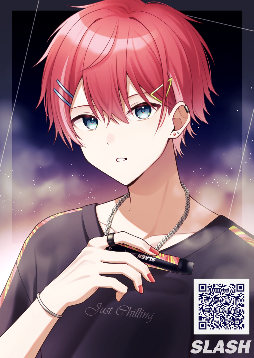 1boy absurdres blue_eyes bracelet chain_necklace clothes_writing copyright_request ear_piercing earrings hair_ornament hairclip highres holding jewelry looking_at_viewer multicolored_hair nail_polish necklace parted_lips piercing qr_code redhead ring short_hair short_sleeves solo streaked_hair teneko02 triangle_hair_ornament upper_body