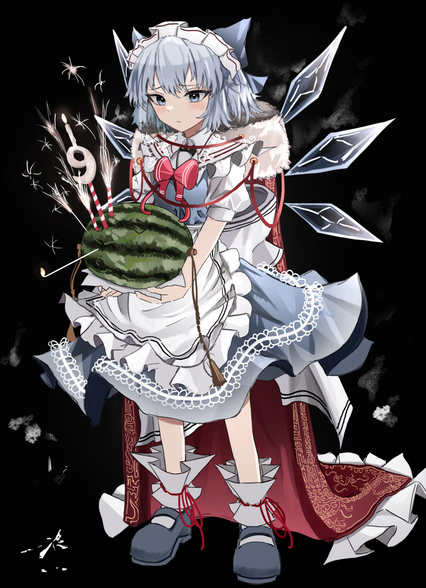 1girl absurdres alternate_costume apron black_background blue_bow blue_dress blue_eyes blue_footwear blue_hair blush bow cirno cirno_day closed_mouth collared_shirt detached_wings dress enmaided fairy food frilled_apron frills fruit full_body hair_bow highres ice ice_wings juliet_sleeves long_sleeves maid maid_headdress ougiikun puffy_sleeves shirt shoes short_hair simple_background socks solo touhou watermelon white_apron white_shirt white_socks wings