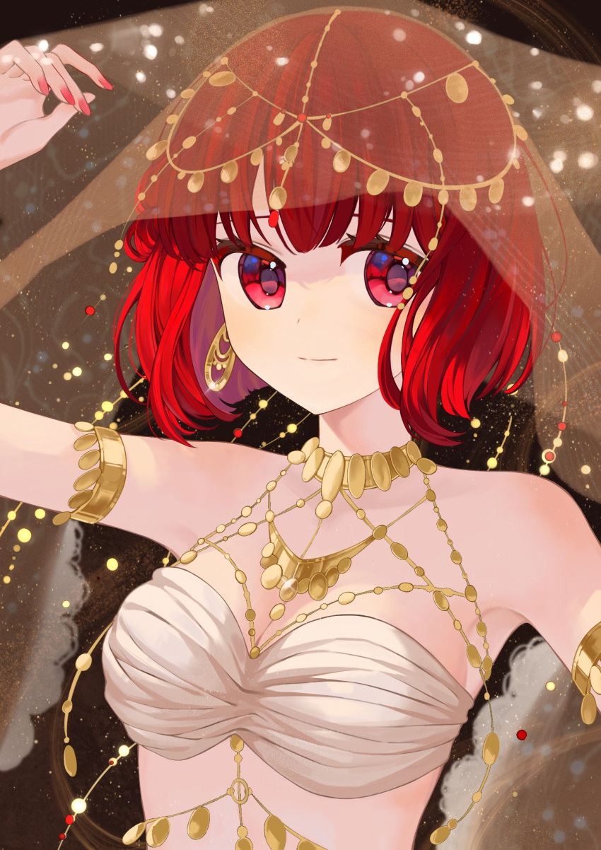 1girl arima_kana bare_shoulders black_background bob_cut closed_mouth earrings highres inverted_bob jewelry looking_to_the_side oshi_no_ko red_eyes redhead see-through_shawl shawl shirt short_hair simple_background smile upper_body white_shirt xiang_yu_pai