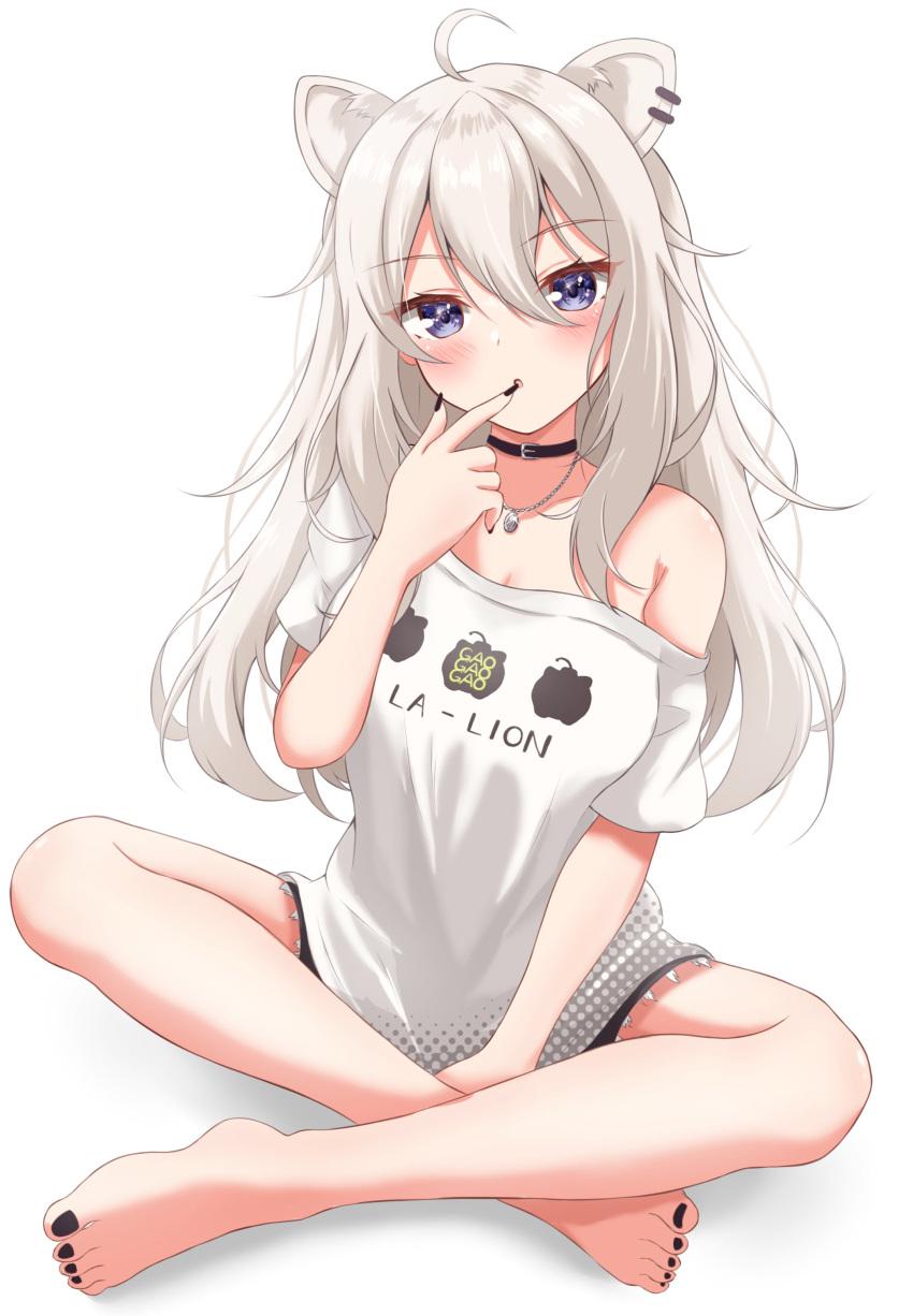 1girl absurdres ahoge animal_ears barefoot black_nails blush commentary_request feet finger_to_mouth full_body grey_hair hair_between_eyes highres hololive indian_style lion_ears lion_girl long_hair looking_at_viewer nail_polish rinkaa_(lovelive765pro2) shirt shishiro_botan shishiro_botan_(4th_costume) simple_background sitting solo violet_eyes virtual_youtuber white_background white_shirt