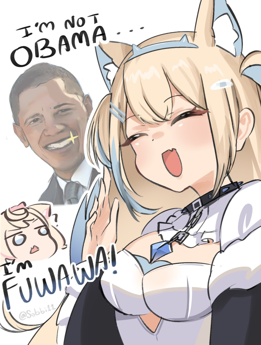 1boy 2girls ? animal_ear_fluff animal_ears barack_obama black_eyes black_hair blonde_hair blue_eyes blue_hair blue_hairband breasts closed_eyes collar dark-skinned_male dark_skin dog_ears dog_girl dress english_text fang fuwawa_abyssgard hair_between_eyes hair_ornament hairband hairclip hand_up highres hololive hololive_english long_hair medium_breasts mococo_abyssgard multicolored_hair multiple_girls open_mouth pink_hairband politician short_hair siblings sidelocks simple_background sisters skin_fang smile sobbi11 sparkle spiked_collar spikes streaked_hair truth twintails twitter_username upper_body virtual_youtuber white_background white_dress