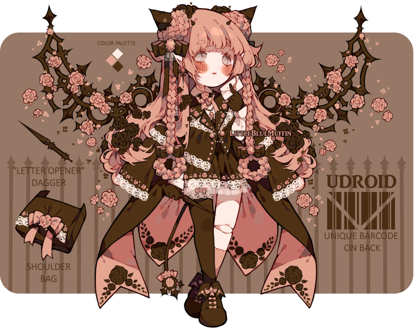 1girl adoptable animal_ears artist_name asymmetrical_legwear bag barcode between_fingers black_bow black_footwear black_gloves black_jacket black_pantyhose blue_eyes blush blush_stickers boots bow bowtie braid braided_hair_rings brown_background buttons chibi collared_jacket collared_shirt color_guide crossed_legs dagger demon_tail dress english_commentary english_text envelope eyelashes fangs floral_print flower flower_brooch footwear_bow gloves hair_bow highres holding holding_envelope jacket jacket_partially_removed knife lace-trimmed_collar lace-trimmed_sleeves lace_trim lapels littlebluemuffin long_hair looking_at_viewer multiple_hair_bows open_mouth original pantyhose petals pink_bow pink_bowtie pink_flower pink_rose pinstripe_pattern pinstripe_shirt pointy_ears railing reference_sheet robot rose shirt short_dress shoulder_bag smile striped tail tail_bow tail_ornament thick_eyebrows torn_clothes torn_pantyhose transparent_border twin_braids twintails two-tone_pantyhose watermark weapon white_pantyhose white_shirt