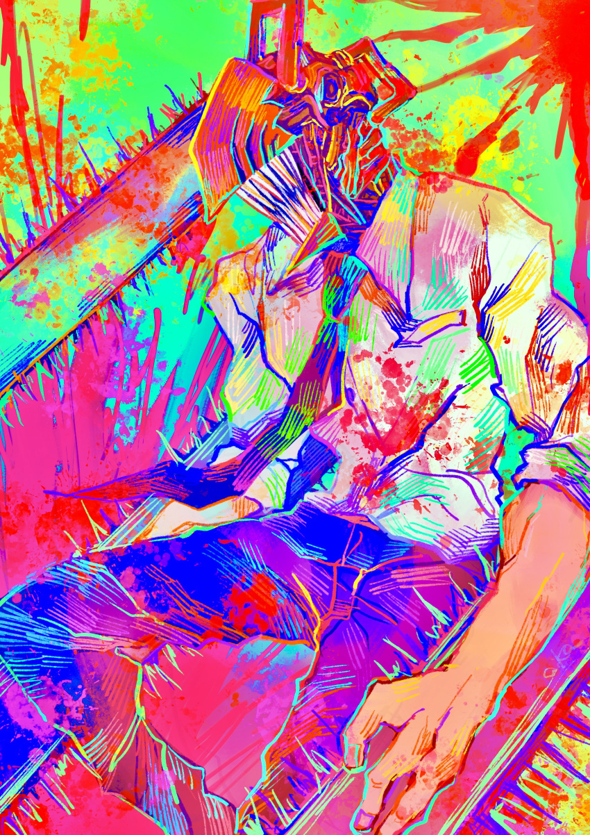 1boy absurdres blood blood_on_clothes blood_splatter blue_necktie blue_pants chainsaw chainsaw_man collared_shirt colorful commentary_request denji_(chainsaw_man) highres male_focus multicolored_background necktie object_head otonoha_aika pants partial_commentary sharp_teeth shirt sleeves_rolled_up solo splatter_background standing teeth white_shirt