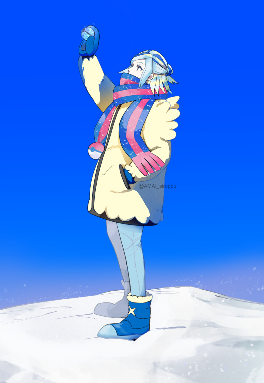 1boy arm_up blue_footwear blue_mittens blue_scarf boots clear_sky commentary_request dabu_(dabuchan) day from_side grusha_(pokemon) hand_in_pocket highres holding holding_poke_ball jacket looking_up male_focus outdoors pants poke_ball poke_ball_print pokemon pokemon_(game) pokemon_sv scarf sky snow solo standing striped striped_scarf yellow_jacket