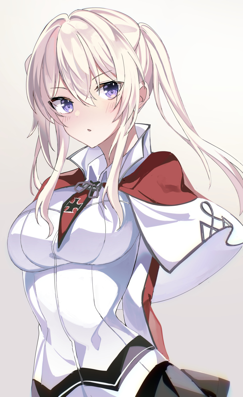 1girl absurdres black_skirt blonde_hair blush capelet commentary cross fathom graf_zeppelin_(kancolle) hair_between_eyes highres iron_cross kantai_collection long_hair long_sleeves looking_at_viewer no_headwear parted_lips sidelocks simple_background skirt solo twintails upper_body violet_eyes white_background white_capelet