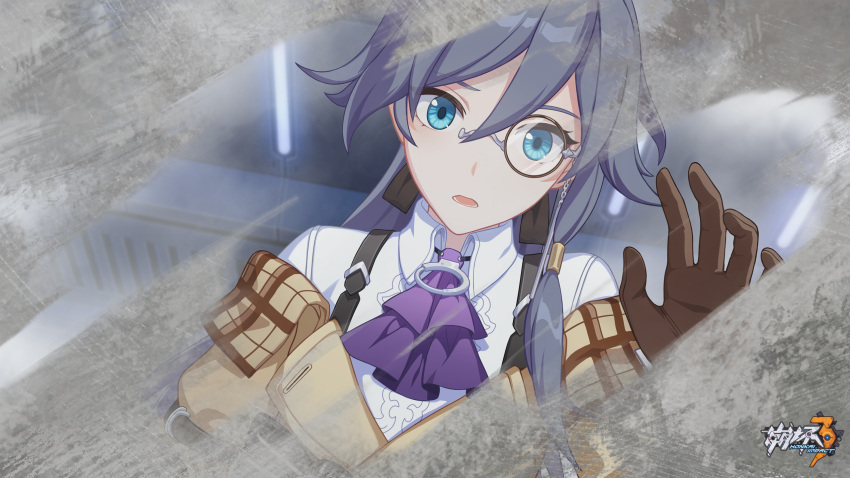 1girl ascot blue_eyes breasts brown_gloves chinese_commentary dust fu_hua fu_hua_(valkyrie_accipiter) gloves grey_hair hair_between_eyes highres honkai_(series) honkai_impact_3rd logo long_hair lower_teeth_only monocle official_alternate_costume official_art official_wallpaper open_mouth purple_ascot reflection shirt small_breasts solo teeth upper_body white_shirt