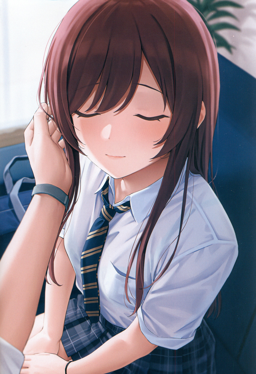 1boy 1girl absurdres bag bare_legs blue_necktie blush caress closed_eyes closed_mouth couch diagonal-striped_necktie diagonal_stripes grey_skirt hand_on_another's_cheek hand_on_another's_face highres idolmaster idolmaster_shiny_colors imminent_kiss indoors long_hair mikazuchi_zeus necktie non-web_source on_couch osaki_amana own_hands_together plaid plaid_skirt pleated_skirt pov pov_hands producer_(idolmaster) redhead scan school_bag school_uniform shirt short_sleeves sitting skirt smile solo_focus straight_hair striped striped_necktie swept_bangs very_long_hair watch watch white_shirt