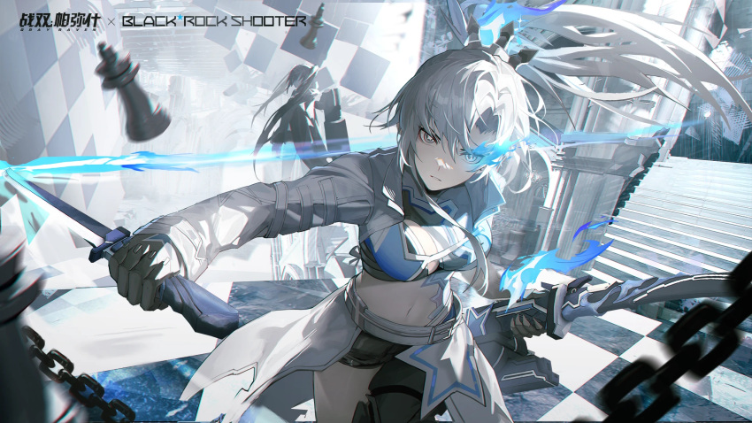+_+ 2girls alpha_(punishing:_gray_raven) alternate_costume artist_request belt black_rock_shooter black_rock_shooter_(character) blue_fire board_game chain chess chess_piece collaboration crown fire flaming_eye grey_eyes high_ponytail highres holding holding_sword holding_weapon jacket looking_at_viewer lucia:_crimson_weave_(punishing:_gray_raven) marble_(stone) multiple_girls official_alternate_costume official_art open_clothes open_jacket ponytail punishing:_gray_raven stairs star_(symbol) star_in_eye sword symbol_in_eye weapon white_hair