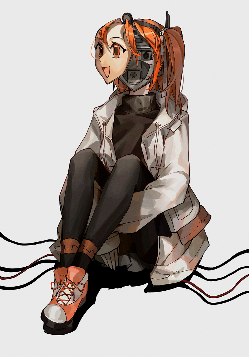 1girl a.i._voice absurdres adachi_rei android black_leggings black_sweater cable full_body gloves hair_ornament hair_ribbon hairclip headlamp headphones highres hugging_own_legs jacket knees_up leggings long_sleeves mechanical_parts one_side_up open_clothes open_jacket open_mouth orange_eyes orange_footwear orange_hair radio_antenna ribbon screw_hair_ornament shoes simple_background sitting smile sneakers solo staring sweater turtleneck turtleneck_sweater utau white_background white_gloves white_jacket white_ribbon wide-eyed xiusheng_(haimianshangpiaodangdeguhuihe)