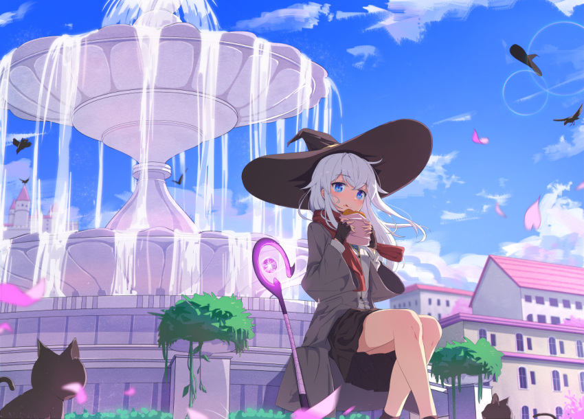 1girl ahoge bare_legs bird black_cat black_skirt blue_eyes blush breasts building buttons castle cat clouds cloudy_sky coat commentary_request crow day eating falling_petals food food_on_face fountain full_body glowing grey_coat hano_(1507197602) hat lens_flare licking_lips light_particles light_smile long_hair looking_at_viewer mage_staff messy_hair multiple_cats original outdoors petals plant potted_plant red_scarf scarf shadow shirt shoes sitting skirt sky small_breasts solo sunlight tongue tongue_out water white_hair white_shirt wind witch witch_hat