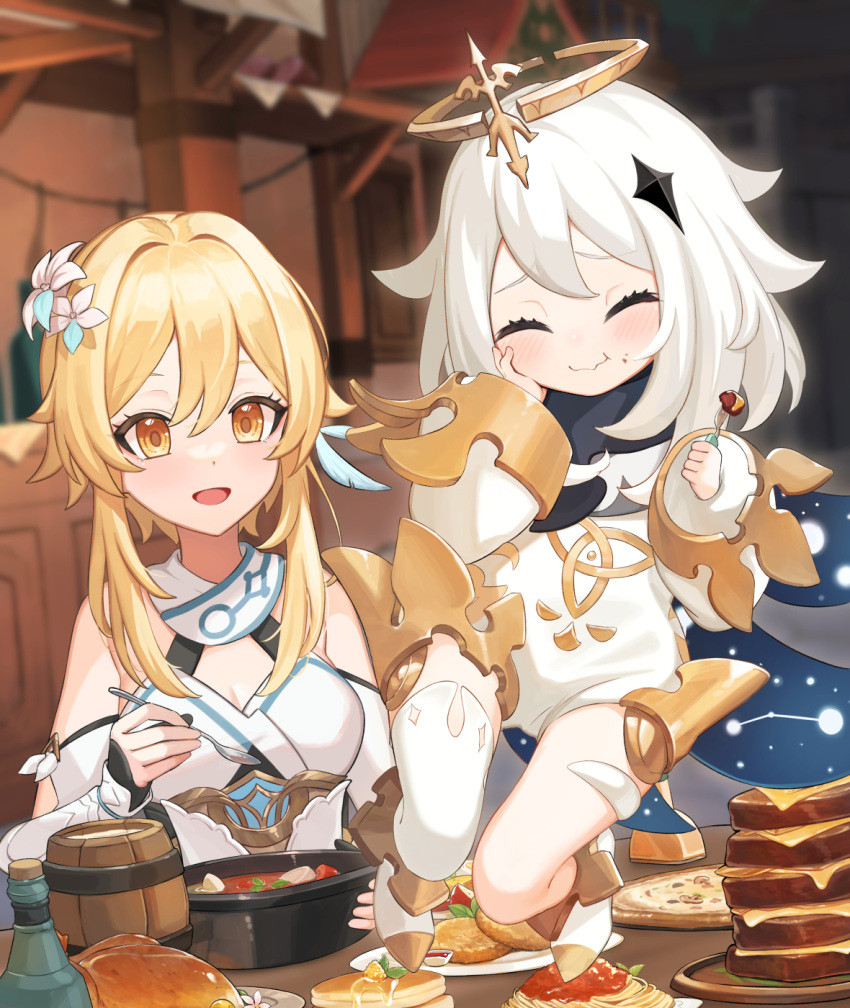 2girls black_scarf blonde_hair blurry blurry_background breasts chicken_(food) closed_eyes detached_sleeves dress flower food genshin_impact grey_hair hair_flower hair_ornament halo hand_on_own_cheek hand_on_own_face highres holding holding_spoon kiukoma long_hair lumine_(genshin_impact) mechanical_halo multiple_girls open_mouth paimon_(genshin_impact) pancake pancake_stack scarf short_hair_with_long_locks single_thighhigh sleeveless sleeveless_dress spoon thigh-highs white_dress white_flower white_footwear white_thighhighs yellow_eyes