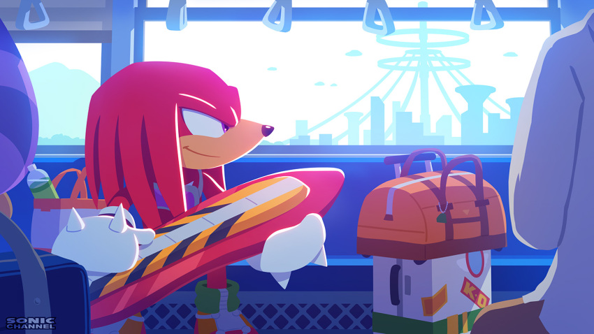 1other 2boys bag big_the_cat bottle furry furry_male gloves goggles goggles_around_neck hover_board knuckles_the_echidna male_focus multiple_boys official_art sitting smile sonic_(series) sonic_riders train_interior uno_yuuji violet_eyes white_gloves window