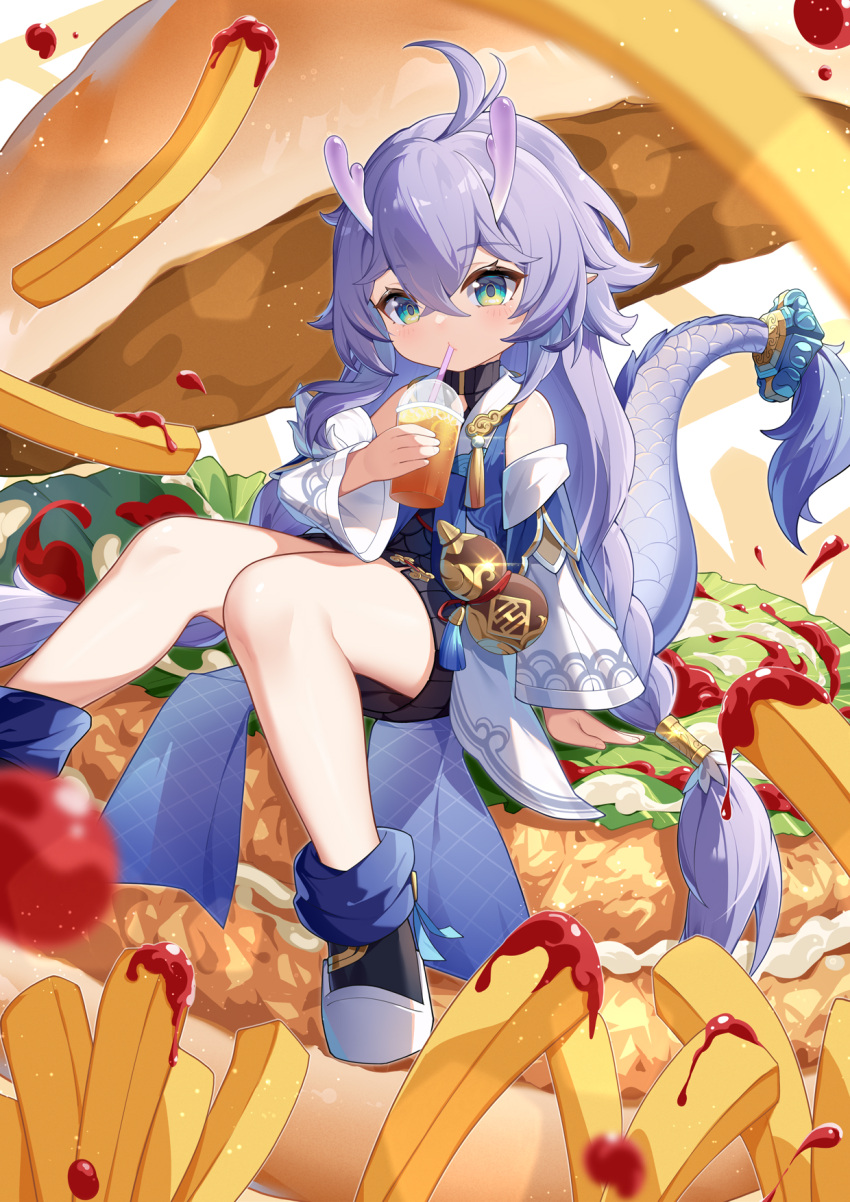 1girl arm_support bailu_(honkai:_star_rail) black_skirt braid burger chinese_clothes commentary_request cup detached_sleeves disposable_cup dragon_girl dragon_horns dragon_tail drinking drinking_straw drinking_straw_in_mouth food french_fries gourd green_eyes hair_between_eyes highres holding holding_cup honkai:_star_rail honkai_(series) horns knees_together_feet_apart long_hair long_sleeves looking_at_viewer low_twin_braids low_twintails purple_hair sidelocks sitting skirt solo tail twin_braids twintails wide_sleeves yu_e_baba