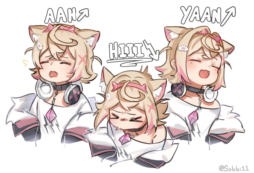 &gt;_&lt; animal_ear_fluff animal_ears bandaid_hair_ornament black_collar blonde_hair blush closed_eyes collar dog_ears dog_girl english_text hair_ornament headband headphones headphones_around_neck highres hololive hololive_english mococo_abyssgard multicolored_hair open_mouth pink_brooch pink_hair pink_headband short_hair simple_background sneezing sobbi11 solo streaked_hair virtual_youtuber
