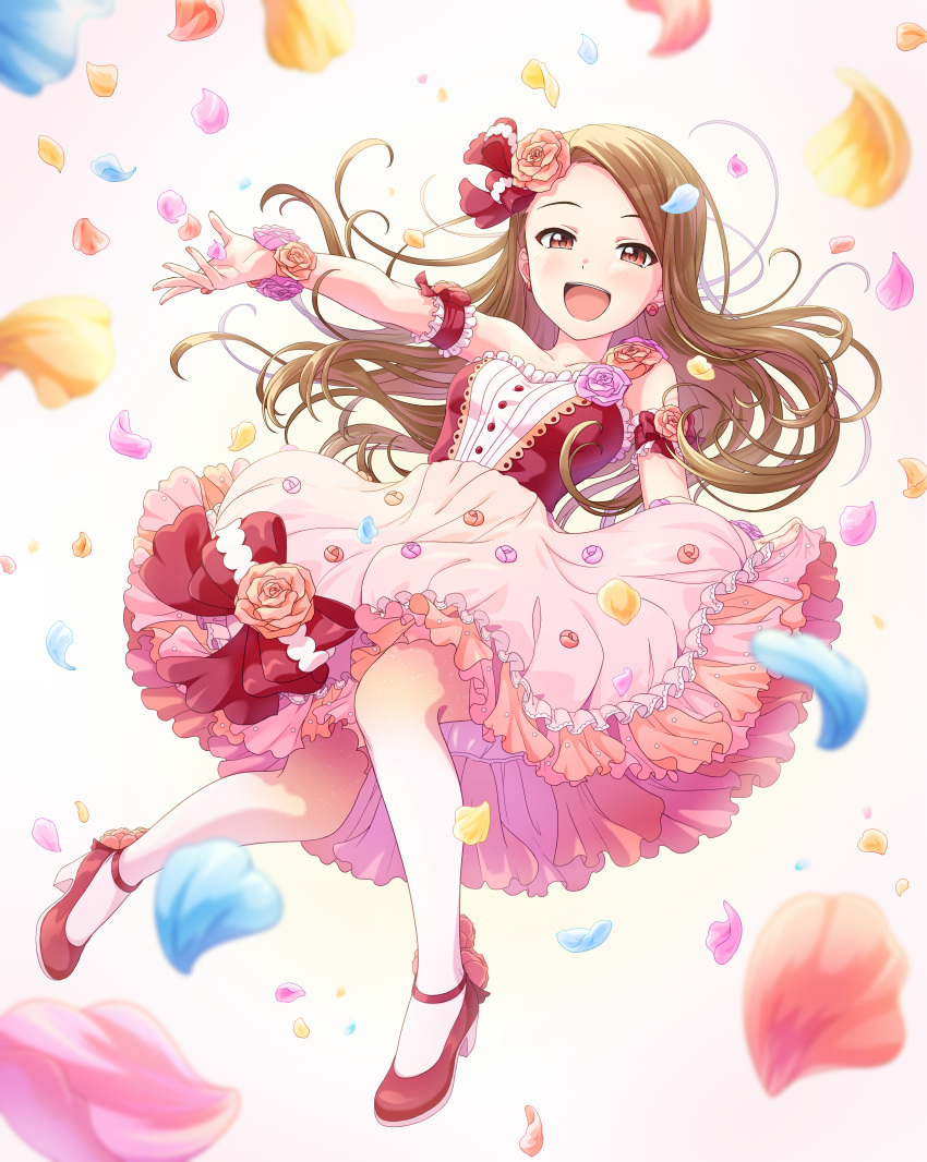 1girl absurdres armlet bare_shoulders blue_petals blush bow bracelet breasts brown_eyes brown_hair buttons collarbone dress falling_petals flower frilled_dress frills hair_flower hair_ornament happy high_heels highres idolmaster idolmaster_million_live! idolmaster_million_live!_theater_days jewelry lace long_hair looking_at_viewer manicure minase_iori open_mouth orange_flower orange_rose pantyhose parted_bangs petals pink_flower pink_petals pink_rose red_eyes red_footwear rose rose_petals shiro_(ongrokm) sleeveless sleeveless_dress small_breasts smile solo yellow_petals
