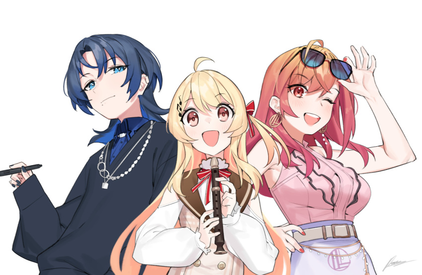 3girls ahoge androgynous blonde_hair blush breasts dasdokter earrings flat_chest hair_ornament highres hiodoshi_ao hololive ichijou_ririka jewelry large_breasts long_hair multicolored_hair multiple_girls one_eye_closed open_mouth otonose_kanade pink_hair red_nails smile two-tone_hair upper_body virtual_youtuber
