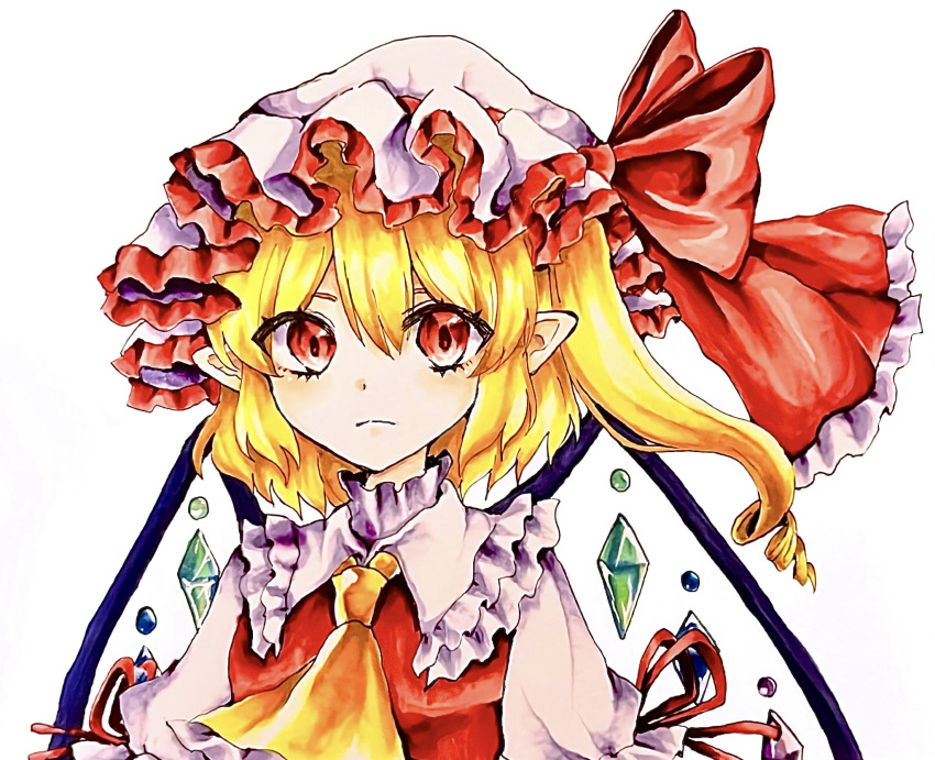 1girl ascot blonde_hair bow collar crystal_wings eyes_visible_through_hair flandre_scarlet frilled_collar frills frown hat hat_bow highres looking_at_viewer marker_(medium) medium_hair mob_cap nt0o8 one_side_up pointy_ears portrait red_bow red_eyes red_vest shirt solo touhou traditional_media vest white_background white_headwear white_shirt yellow_ascot