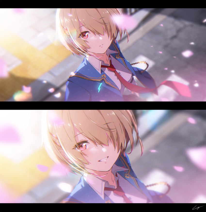 1girl blazer blonde_hair blue_jacket blurry blurry_background collarbone commentary_request gomi_chihiro grin hair_ornament hair_over_one_eye hairclip heaven_burns_red highres jacket kayamori_ruka looking_at_viewer looking_up necktie open_clothes open_jacket outdoors parted_lips red_eyes red_necktie sailor_collar school_uniform shinda_sekai_sensen_uniform shirt short_hair signature smile white_shirt