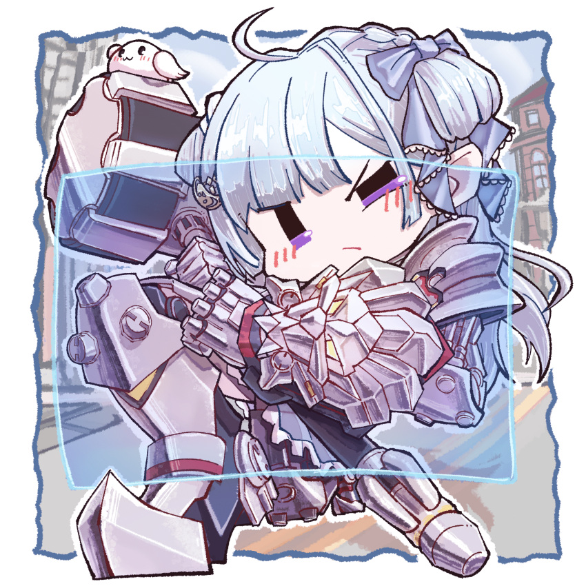 1girl ahoge amaui armored_boots blue_bow blue_hair blunt_bangs blush boots bow braid chibi closed_mouth commentary cosplay crescent crescent_hair_ornament crown_braid energy_barrier energy_shield frown full_body gauntlets hair_bow hair_ornament hammer highres leg_armor long_hair looking_at_viewer medium_bangs nanashi_inc. overwatch overwatch_2 rabbit reinhardt_(overwatch) reinhardt_(overwatch)_(cosplay) solo touki31249960 v-shaped_eyebrows violet_eyes virtual_youtuber
