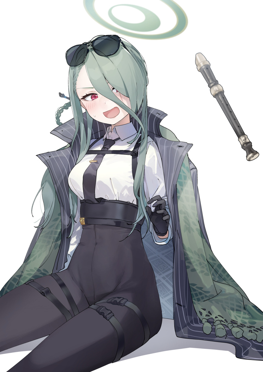 :d absurdres asymmetrical_hair black_gloves black_necktie black_pants blue_archive braid chest_strap coat coat_on_shoulders cropped_legs eyewear_on_head gloves green_coat green_hair hair_over_one_eye halo highres instrument light_blush long_hair looking_to_the_side mina_(blue_archive) necktie pants recorder red_eyes shirt side_braid smile sunglasses sweatdrop thigh_strap tie_clip white_background white_shirt yanyo_(ogino_atsuki)