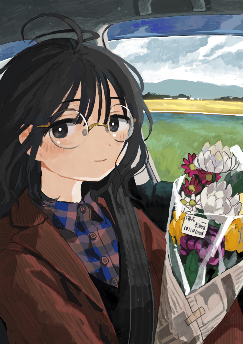 1girl absurdres black_eyes black_hair blue_shirt blush bouquet bright_pupils buttons car_interior closed_mouth clouds cloudy_sky collared_shirt commentary_request day driving floating_hair flower flower_request glasses highres holding holding_bouquet jacket long_hair looking_at_viewer mountainous_horizon multicolored_shirt open_clothes open_jacket open_window original pink_flower pink_shirt plaid plaid_shirt price_tag purple_flower ribbed_jacket rice_paddy right-hand_drive round_eyewear seatbelt shirt sky smile solo tareme upper_body white_flower white_pupils window yellow_flower zinbei