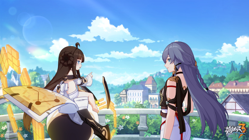 2girls ahoge barefoot black_shirt blue_eyes blue_sky book_of_fuxi bracelet braid breasts chinese_clothes chinese_commentary clouds cloudy_sky fence flower fu_hua fu_hua_(night_squire) grey_hair highres honkai_(series) honkai_impact_3rd house jewelry long_hair looking_at_another multiple_girls official_alternate_costume official_art official_wallpaper orange_flower orb outdoors parted_lips pointing rooftop shirt shorts sideboob sitting sky small_breasts smile standing tree upper_body white_flower white_shorts white_sleeves yin_yang yin_yang_orb