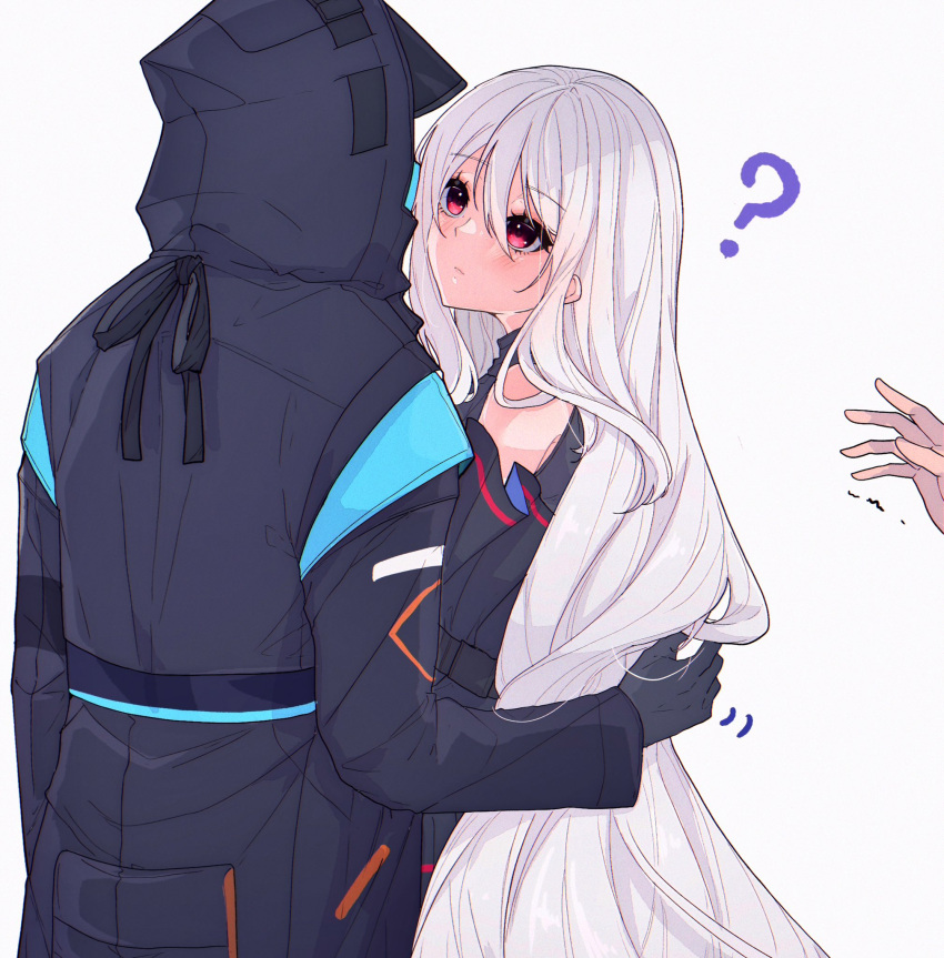 1boy 1girl ? arknights black_coat black_gloves coat commentary_request doctor_(arknights) gloves highres hooded_coat hug hug_from_behind long_hair looking_at_another looking_up male_doctor_(arknights) out_of_frame red_eyes simple_background skadi_(arknights) tsume3mai very_long_hair white_background white_hair