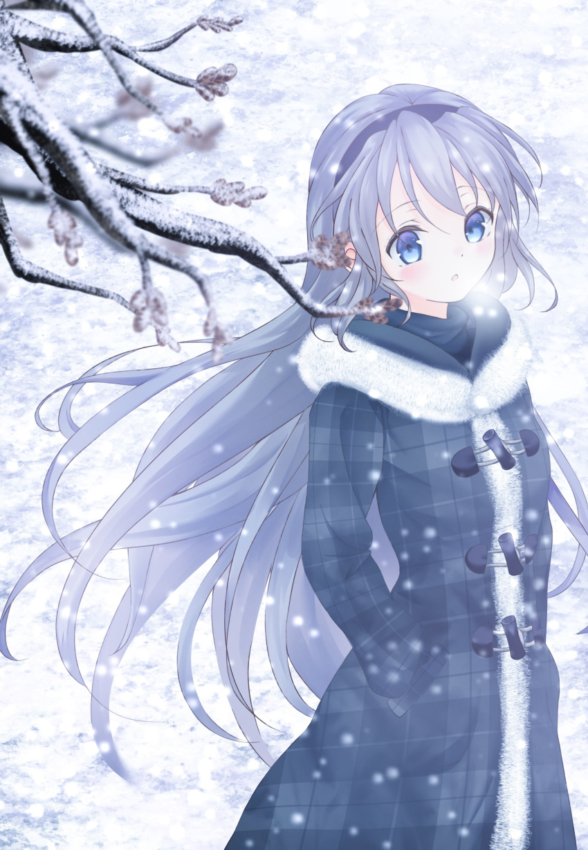 1girl absurdres black_coat black_hairband blue_eyes blurry blush branch clannad coat commentary_request cowboy_shot depth_of_field floating_hair fur-trimmed_hood fur_trim grey_hair hair_between_eyes hairband hand_in_pocket hato_maron highres hood hood_down long_hair long_sleeves looking_afar open_mouth plaid_coat sakagami_tomoyo snow snowing solo standing straight_hair very_long_hair visible_air winter