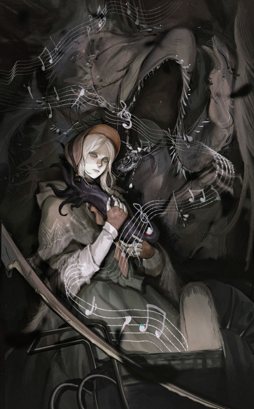 1girl absurdres bloodborne bonnet brown_gloves brown_headwear capelet cowboy_shot creature doll_joints expressionless fingerless_gloves fringe_trim from_below gloves grey_capelet grey_eyes grey_robe grey_theme hand_up highres holding holding_creature hunter_(great_one)_(bloodborne) joints long_sleeves musical_note plain_doll ramiica robe short_hair solo staff_(music) stroller white_hair