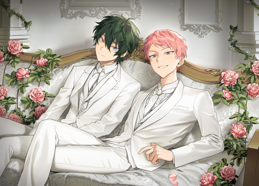 11942tm 2boys absurdres alternate_costume blazer blue_eyes buttons closed_mouth collared_shirt commentary_request crossed_legs ensemble_stars! flower formal green_hair hair_between_eyes heterochromia highres indoors itsuki_shu jacket kagehira_mika korean_commentary lapels leaf long_sleeves looking_at_viewer male_focus multiple_boys necktie notched_lapels pants petals pink_flower pink_hair pink_rose rose shirt short_hair sitting split_mouth teeth valkyrie_(ensemble_stars!) violet_eyes white_jacket white_necktie white_pants yellow_eyes