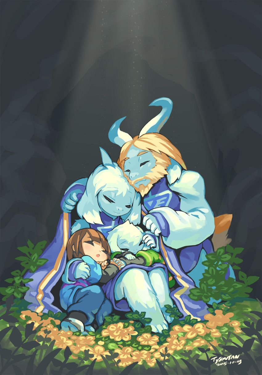 1girl 1other 2010s 2015 2boys anthro artist_name asgore_dreemurr asriel_dreemurr blanket family father father_and_son flower frisk_(undertale) furry furry_female furry_male furry_with_non-furry human mother mother_and_son sleeping son toriel tysontan undertale wholesome