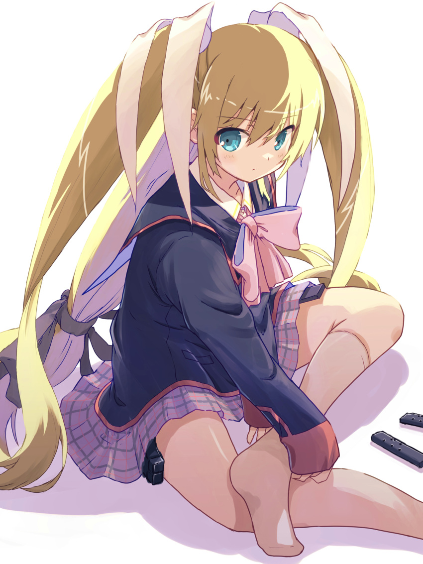 1girl akayama_yukihe aqua_eyes between_legs black_jacket blonde_hair blush bow closed_mouth commentary_request expressionless eyes_visible_through_hair feet_out_of_frame grey_skirt hair_between_eyes hair_ribbon hand_between_legs highres indian_style jacket little_busters! long_hair long_sleeves looking_at_viewer miniskirt no_shoes pink_bow pleated_skirt ribbon school_uniform shiny_skin sidelighting simple_background sitting skirt socks solo straight_hair tokido_saya very_long_hair white_background white_ribbon white_socks