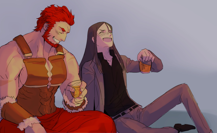 2boys :d ancient_greek_clothes beard cup drunk facial_hair fate/grand_order fate_(series) feet_out_of_frame highres holding holding_cup iskandar_(fate) large_pectorals laughing long_hair lord_el-melloi_ii male_focus mature_male multiple_boys muscular muscular_male pectoral_cleavage pectorals red_eyes redhead shababuru short_hair side-by-side sidepec sitting smile waver_velvet