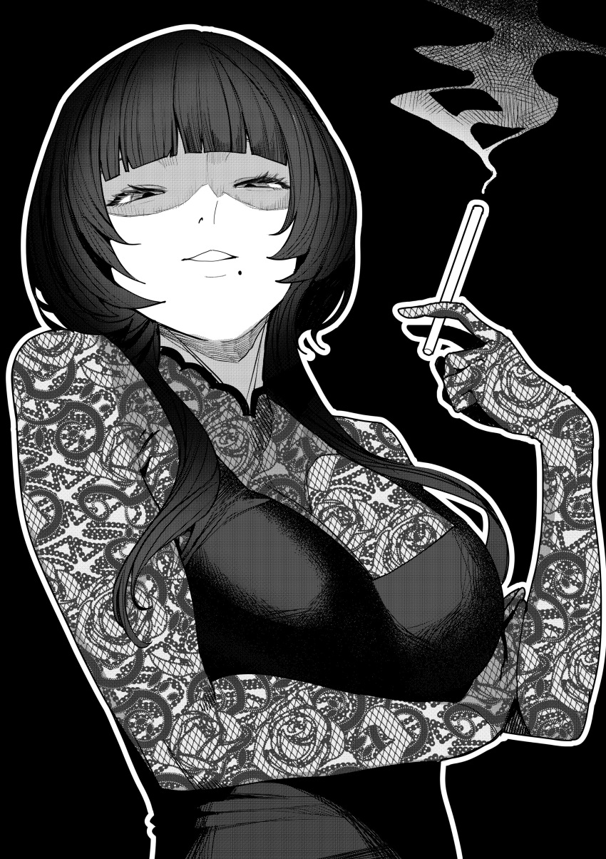 1girl absurdres ariadani_oriko arm_under_breasts black_background black_dress black_hair blunt_bangs breasts cigarette dress gloves greyscale high_collar highres holding holding_cigarette koiso_usu lace lace_gloves lace_shirt large_breasts looking_at_viewer mole mole_under_mouth monochrome original parted_lips shaded_face short_hair_with_long_locks simple_background sleeveless sleeveless_dress solo upper_body