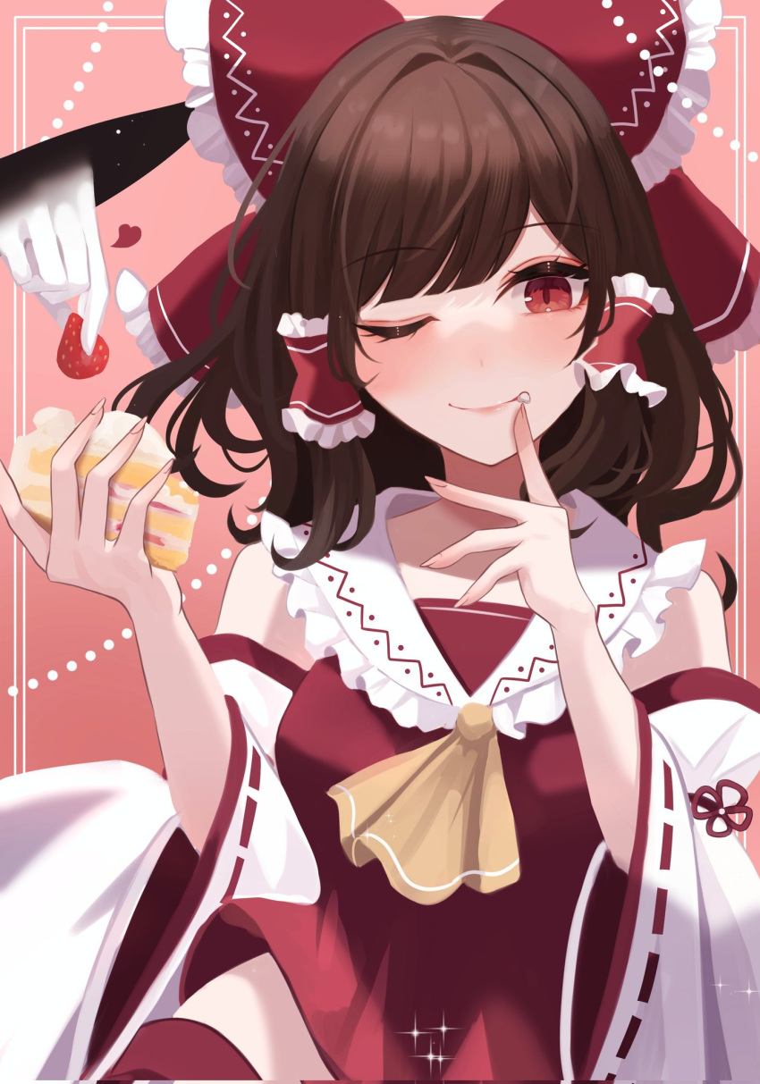 1girl ascot bare_shoulders bow brown_hair cake closed_mouth detached_sleeves fingernails food food_on_face fruit gap_(touhou) hair_bow hair_tubes hakurei_reimu heart highres holding holding_food japanese_clothes long_hair maka_(user_rryf2748) nontraditional_miko one_eye_closed red_bow red_eyes ribbon-trimmed_sleeves ribbon_trim sidelocks smile solo strawberry touhou upper_body white_sleeves wide_sleeves yellow_ascot