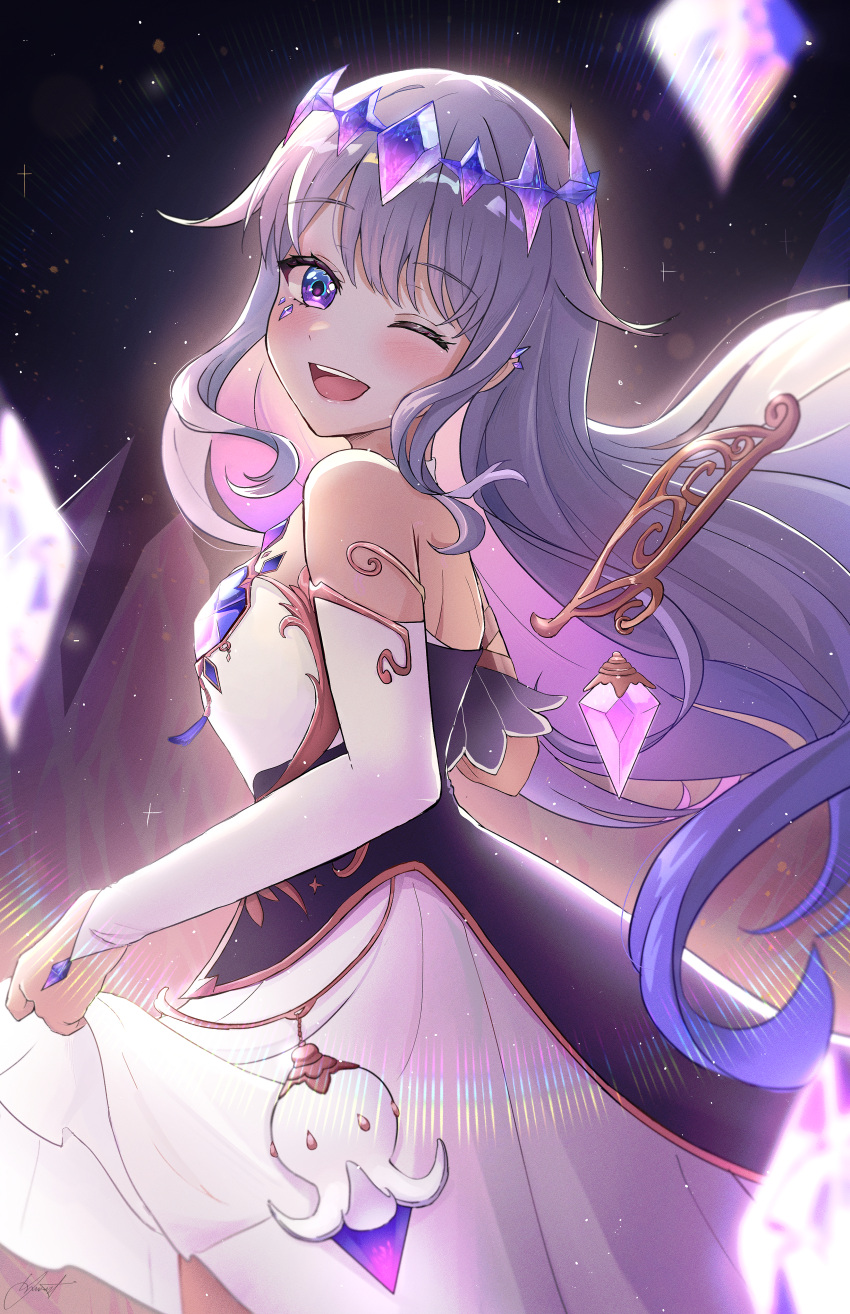 1girl absurdres chest_jewel detached_sleeves detached_wings dress gem grey_hair highres hololive hololive_english kato_yuurina koseki_bijou long_hair one_eye_closed skirt_hold strapless strapless_dress violet_eyes virtual_youtuber white_dress wings