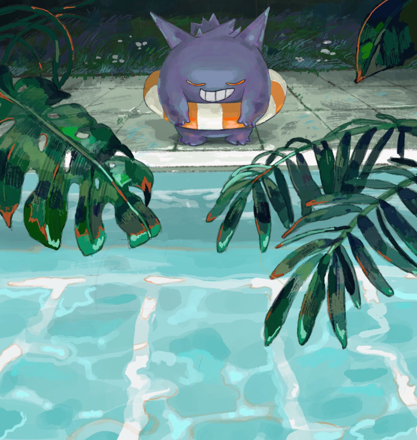 closed_eyes commentary english_commentary full_body gengar grass grin highres innertube leaf night no_humans open_mouth outdoors pokemon pokemon_(creature) pool poolside sakusakufugashi smile standing teeth water