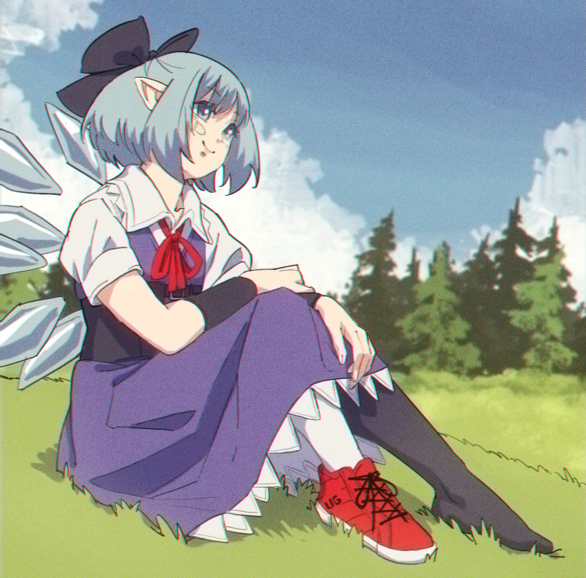 1girl asymmetrical_legwear blue_bow blue_dress blue_eyes blue_hair blue_sky bow cirno cirno_day closed_mouth clouds collared_shirt commentary detached_wings dress english_commentary forest full_body hair_bow highres ice ice_wings mismatched_legwear nature outdoors pointy_ears red_footwear seiza shirt shoes short_hair short_sleeves sitting sky smile sneakers solo touhou ultragruntyy white_shirt wings