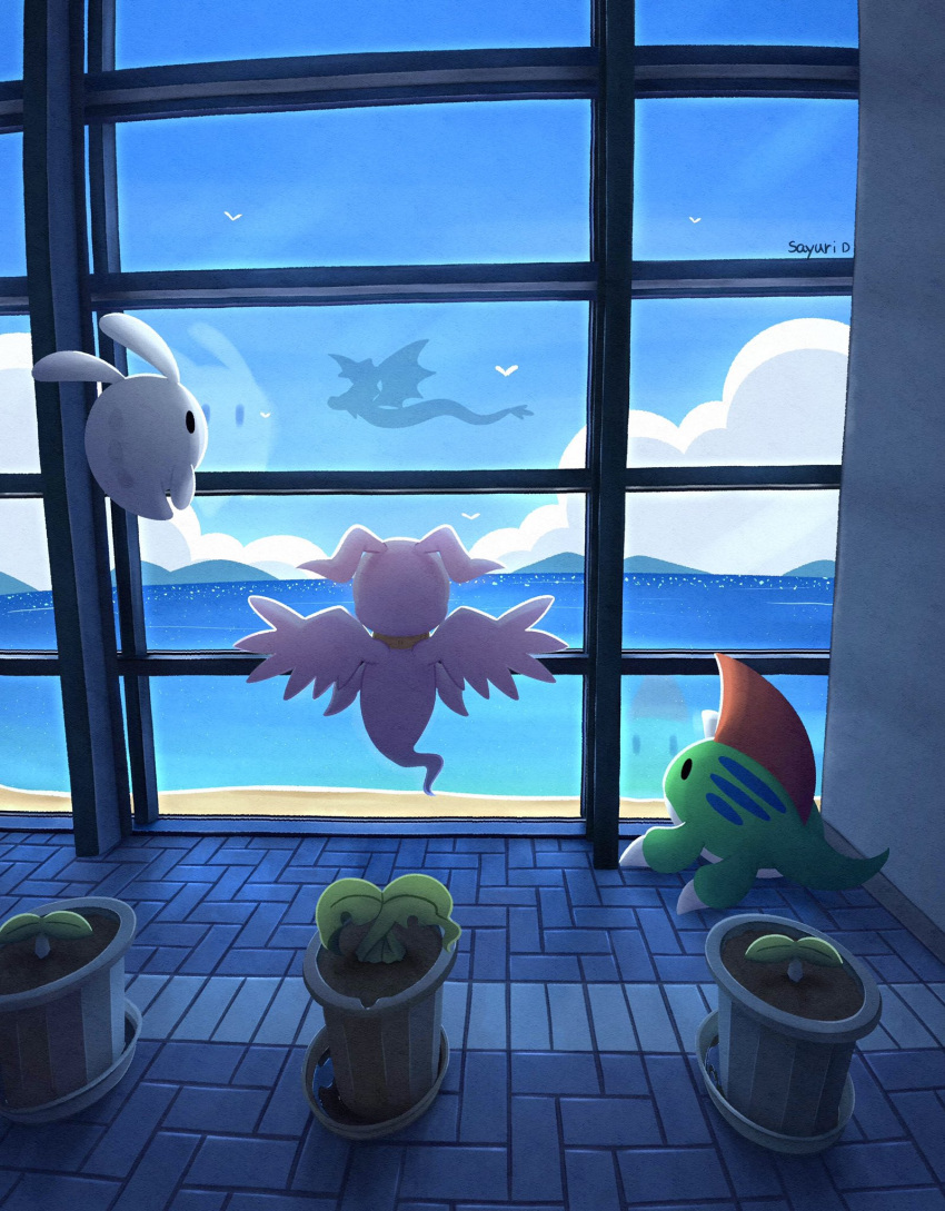 airdramon betamon blue_sky brick_floor claws clouds day digimon digimon_(creature) facing_away floor highres holy_ring indoors looking_at_another marinangemon no_humans pitchmon reflection sayuri_d_(liliana86973943) sky tail window wings