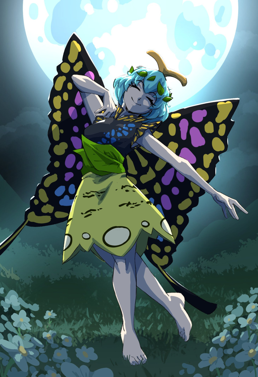 1girl antennae barefoot blue_hair butterfly_wings closed_eyes dancing eternity_larva flower full_body full_moon highres leaf leaf_on_head meadow moon multicolored_clothes nature night outdoors short_hair short_sleeves skirt smile solo spookoarts touhou wings yellow_skirt