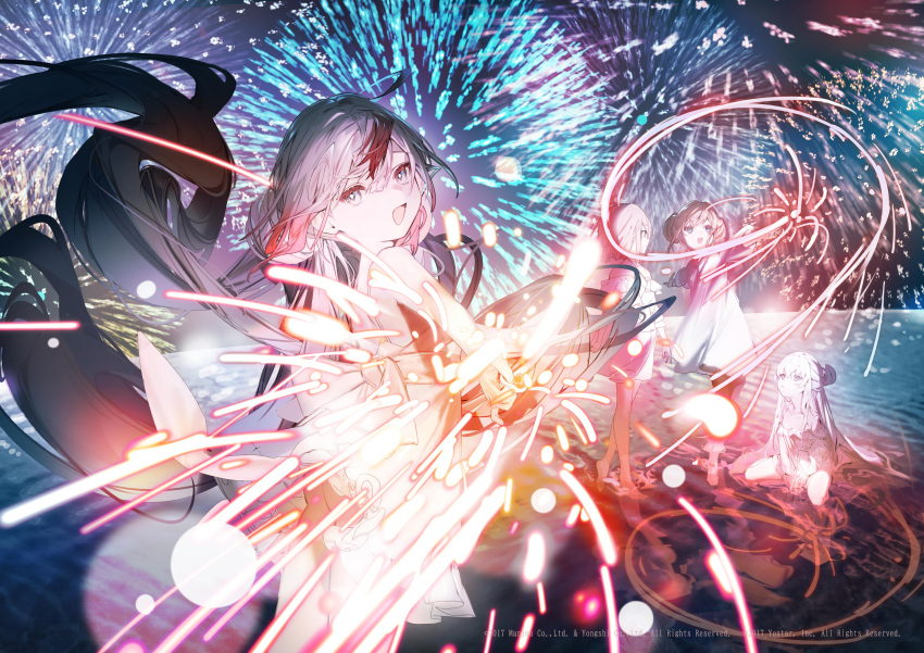 4girls absurdres aerial_fireworks azur_lane bare_shoulders barefoot bob_cut double_bun fireworks floating_hair hair_bun highres holding_fireworks l'indomptable_(azur_lane) le_malin_(azur_lane) le_terrible_(azur_lane) le_triomphant_(azur_lane) long_hair looking_at_another looking_at_viewer multicolored_hair multiple_girls nishikikope official_art open_mouth redhead reflection short_hair sitting smile standing streaked_hair very_long_hair water white_hair
